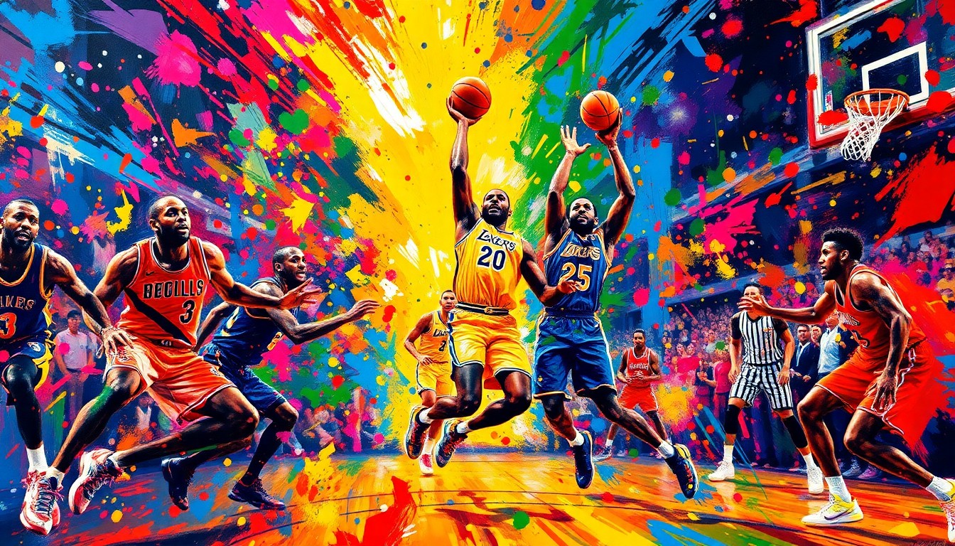 An abstract expressionist painting in vibrant neon colors, with blurred basketball player forms and dynamic brushstrokes conveying the intensity and energy of an NBA game.