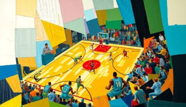 A cubist-style painting featuring overlapping geometric shapes and planes in the team colors of the Indiana Pacers and Charlotte Hornets, conveying the dynamic action of a basketball game.