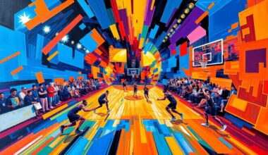 A fragmented, multi-angled painting in bold, clashing colors that depicts the fast-paced action and energy of a basketball game, with players and the court deconstructed into sharp, overlapping geometric forms.
