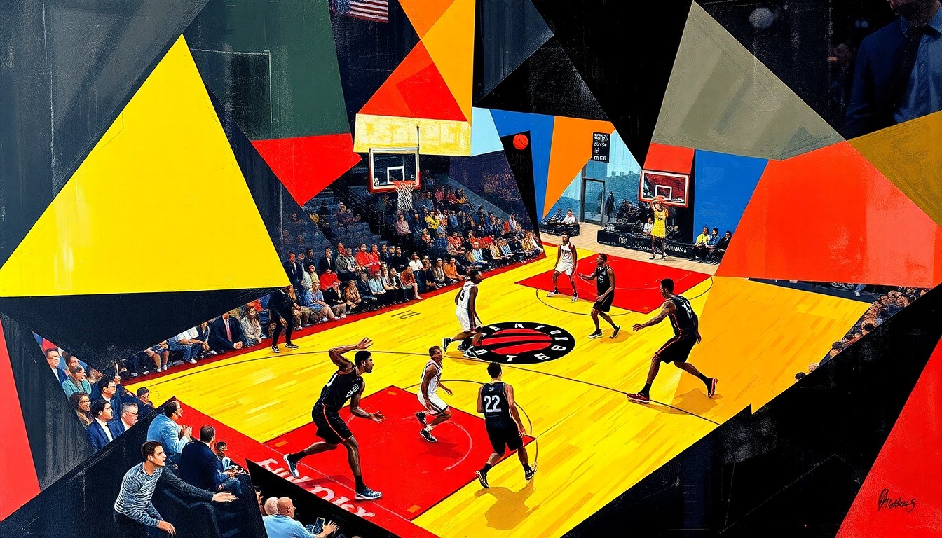 A fragmented, geometric painting depicting the dynamic movements and energy of a basketball game, with sharp, overlapping shapes and planes of color representing the players and the action on the court.