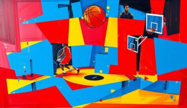 A fragmented, geometric painting depicting the dynamic action of a basketball game, with overlapping planes of color and shape representing the players and movement on the court.