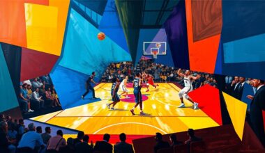 A cubist-style painting depicting a basketball game, with players