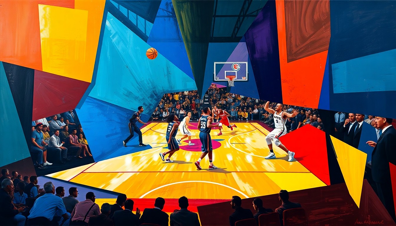 A cubist-style painting depicting a basketball game, with players