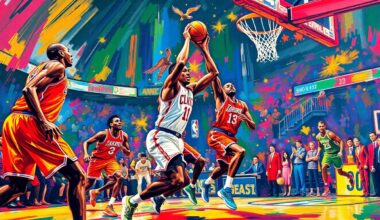 An abstract painting in vibrant neon colors, with loose, expressive brushstrokes capturing the energy and intensity of a basketball game, without any clearly defined figures or details.