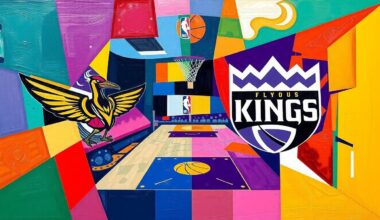 A fractured, multi-perspective painting depicting a basketball game between the New Orleans Pelicans and Sacramento Kings, with the players and court broken down into sharp, overlapping geometric shapes and planes in a cubist style, using the teams