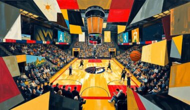 A cubist, geometric painting depicting a basketball game between the Portland Trail Blazers and New Orleans Pelicans, with the players and court fragmented into overlapping planes of color and shape.