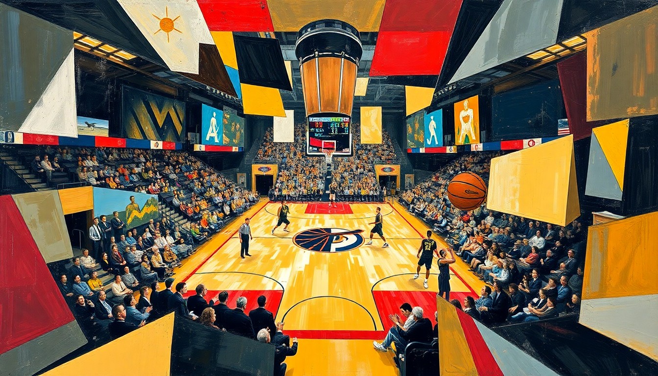 A cubist, geometric painting depicting a basketball game between the Portland Trail Blazers and New Orleans Pelicans, with the players and court fragmented into overlapping planes of color and shape.
