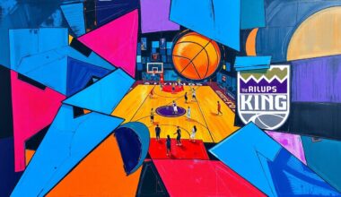 A cubist, geometric painting depicting an abstract basketball game, with sharp planes of color and overlapping shapes representing the action on the court.