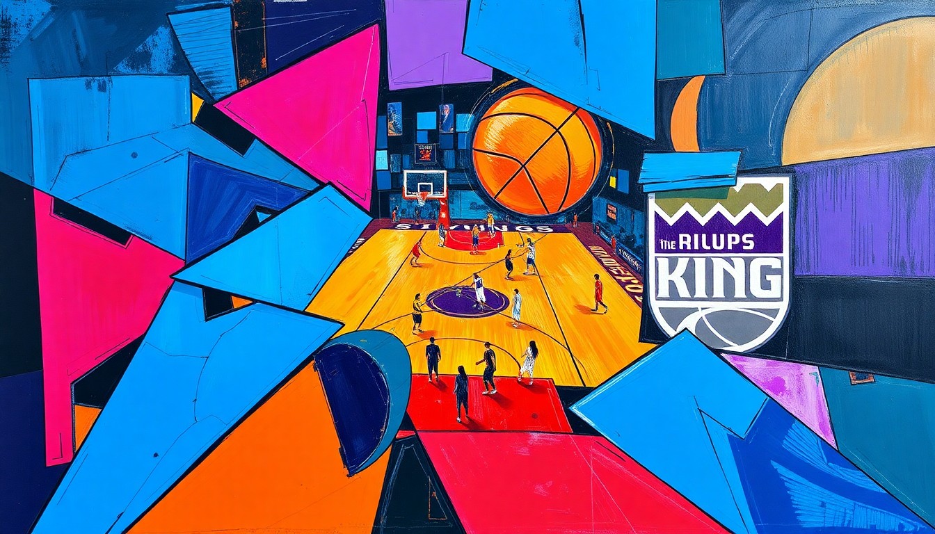 A cubist, geometric painting depicting an abstract basketball game, with sharp planes of color and overlapping shapes representing the action on the court.