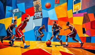 A cubist, geometric painting depicting the dynamic movements and action of a basketball game, with fragmented, overlapping shapes in a vibrant color palette representing the players and the ball.