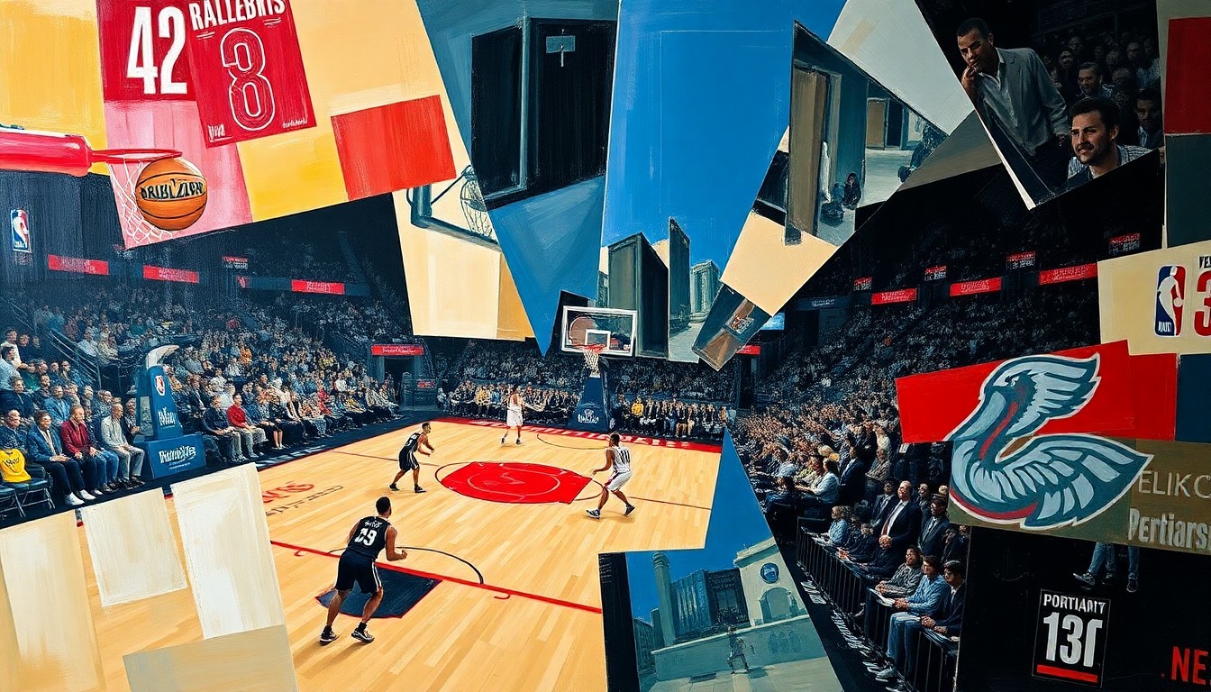A cubist-style painting depicting a basketball game, with the players and court broken down into sharp, overlapping geometric shapes in a variety of colors, capturing the intensity and movement of the action.