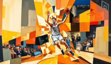 A cubist, geometric painting depicting a basketball player driving to the hoop, with the figure broken down into sharp, overlapping planes of color, conveying the intensity and movement of the game.