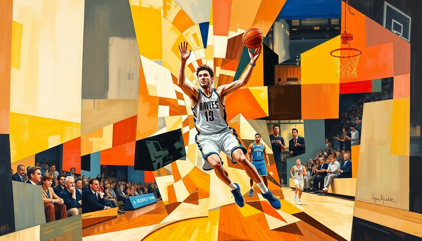 A cubist, geometric painting depicting a basketball player driving to the hoop, with the figure broken down into sharp, overlapping planes of color, conveying the intensity and movement of the game.