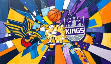 An abstract, cubist-style painting featuring overlapping geometric shapes and planes in the colors of the New Orleans Pelicans and Sacramento Kings, capturing the energy and competition of their final matchup of the season.