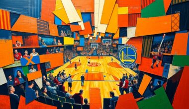 A fractured, cubist-style painting depicting a basketball game between the Houston Rockets and Golden State Warriors, with the players and court broken down into sharp, overlapping geometric shapes and planes in a vibrant color palette.