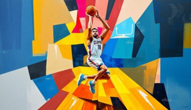 A fractured, cubist-style painting depicting a basketball player in motion, with the player