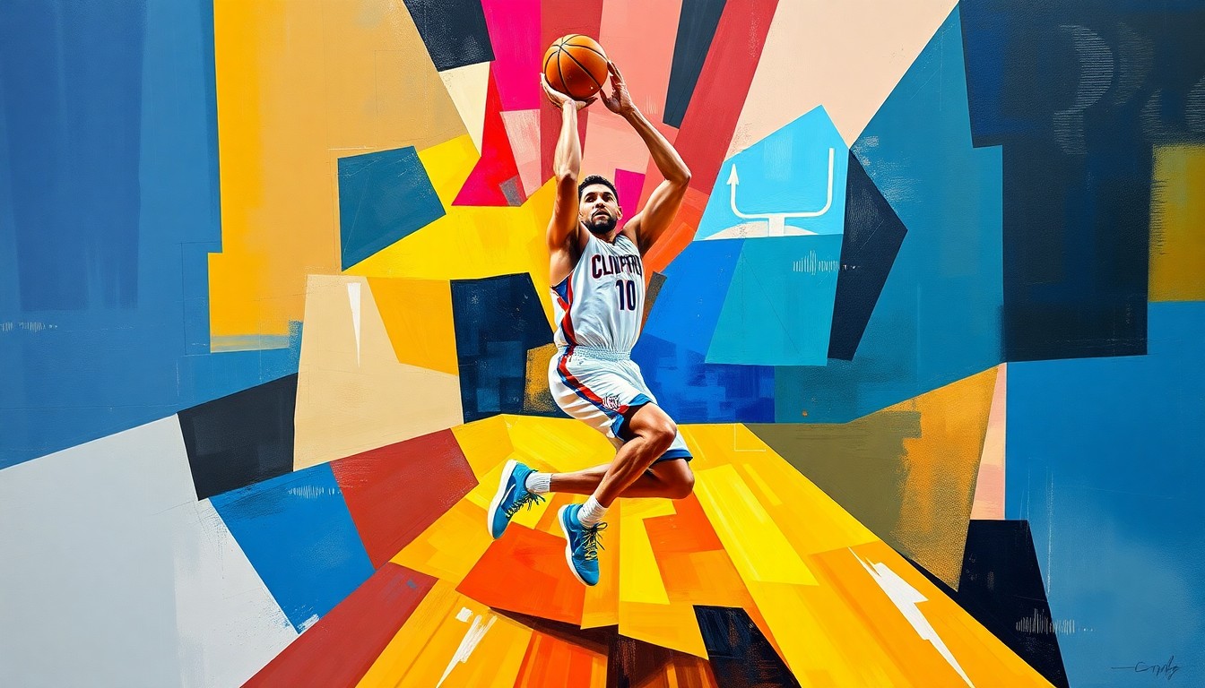 A fractured, cubist-style painting depicting a basketball player in motion, with the player