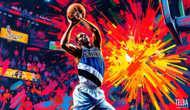 An abstract, energetic painting with bold brushstrokes and neon colors capturing the intensity of a basketball game, conveying the excitement and momentum of the Blazers