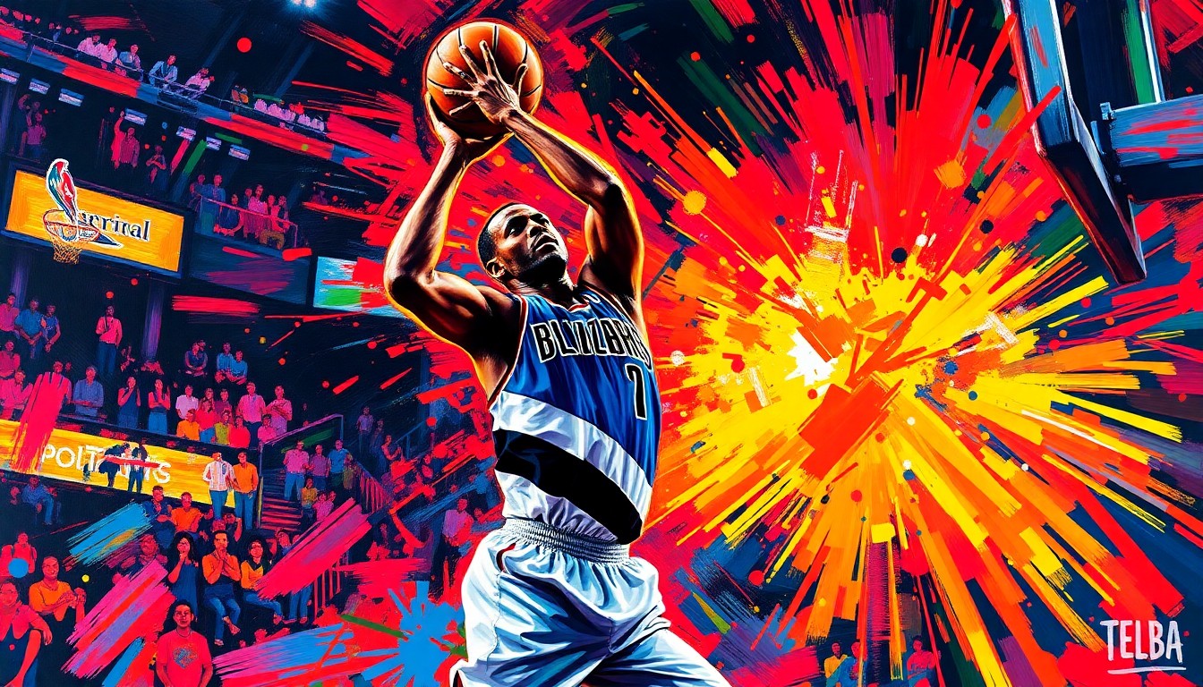 An abstract, energetic painting with bold brushstrokes and neon colors capturing the intensity of a basketball game, conveying the excitement and momentum of the Blazers