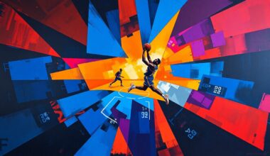 A fragmented, geometric painting in bold colors depicts a basketball player in motion, their form deconstructed into sharp, overlapping planes, conveying the star power of an injured player whose impact transcends missed games.