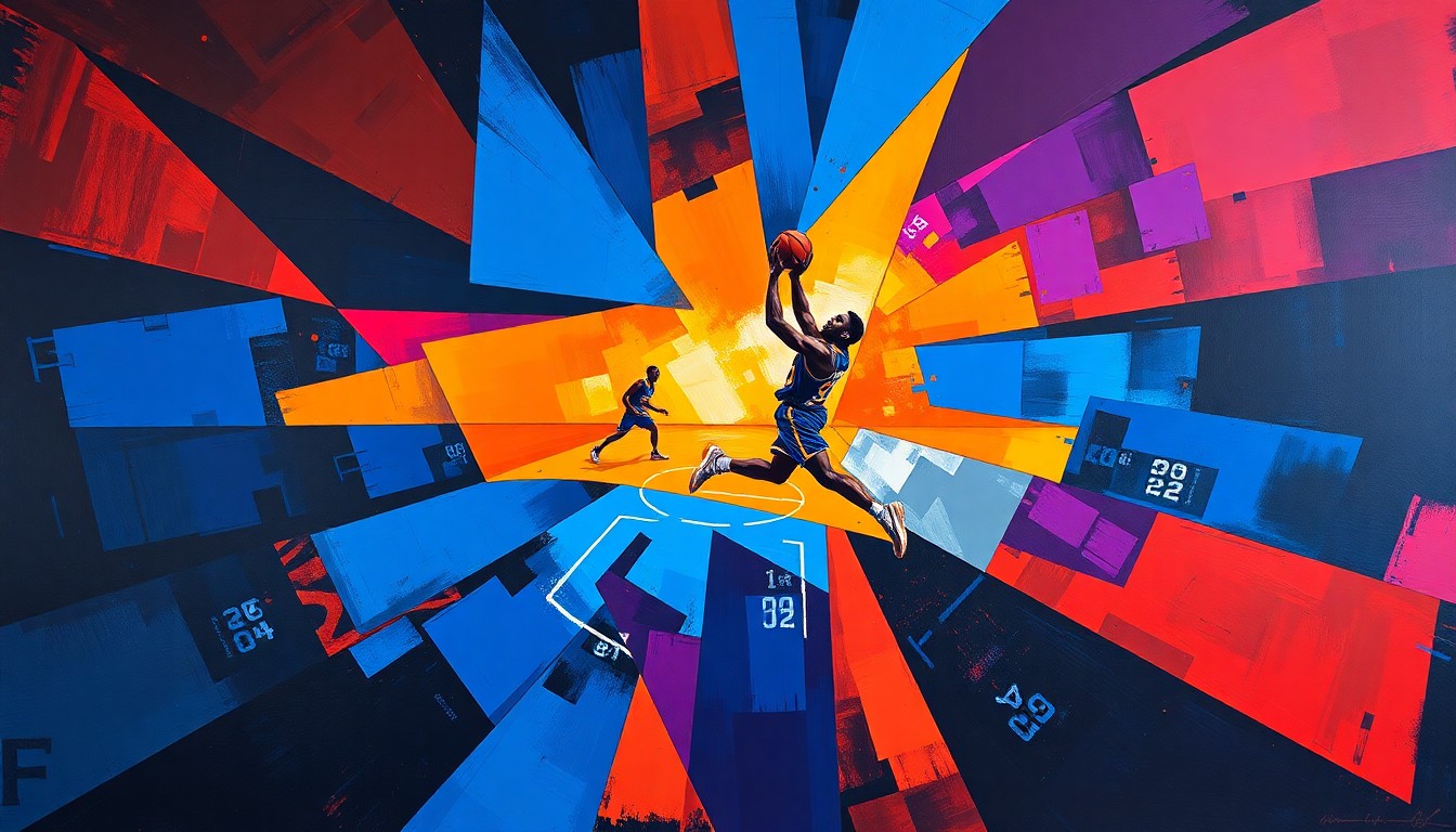 A fragmented, geometric painting in bold colors depicts a basketball player in motion, their form deconstructed into sharp, overlapping planes, conveying the star power of an injured player whose impact transcends missed games.