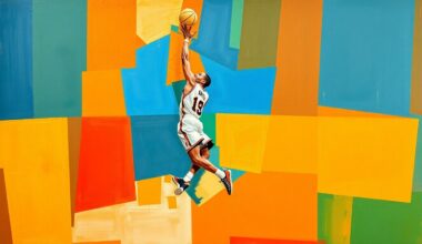 A cubist, geometric painting depicting a basketball player