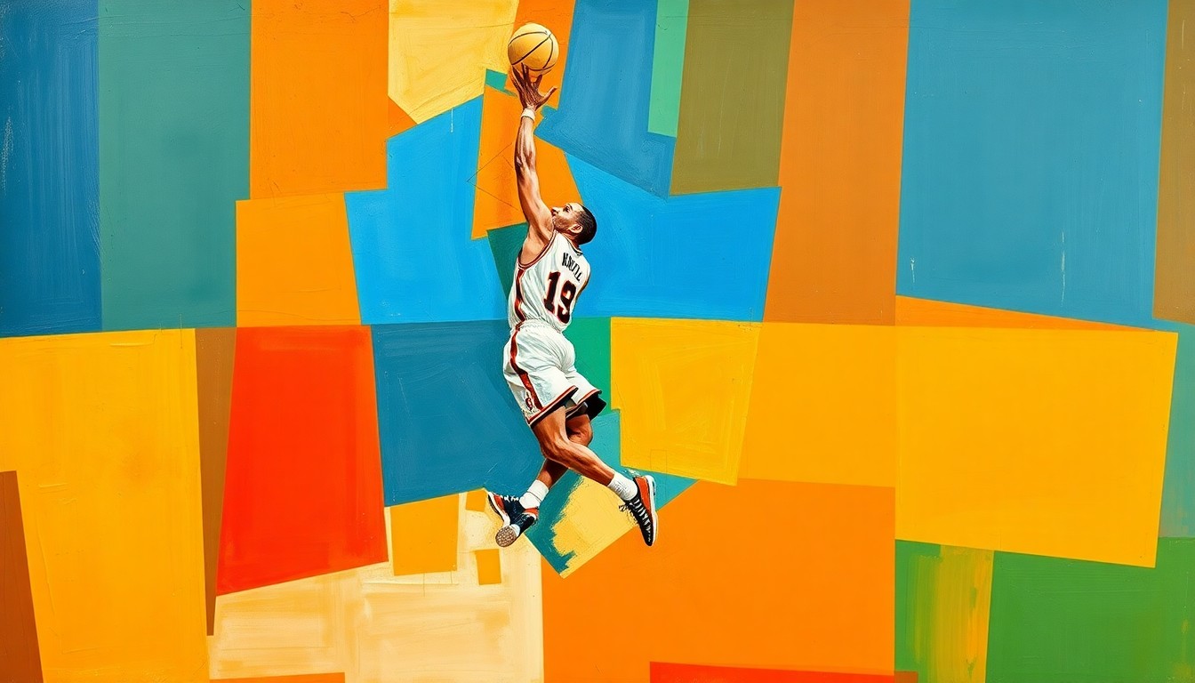 A cubist, geometric painting depicting a basketball player