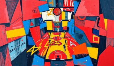 A cubist, geometric painting depicting a fragmented basketball game, with sharp planes of red, blue, and yellow intersecting to create a dynamic, abstract composition.