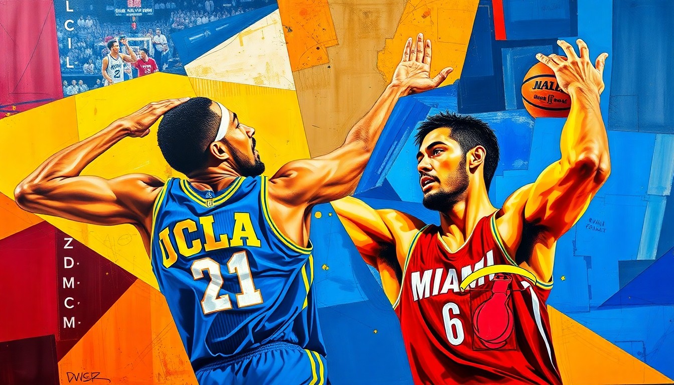 A cubist, geometric painting depicting overlapping basketball court scenes, with the Jaquez siblings