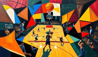 A fragmented, geometric painting in the style of Pablo Picasso, with overlapping planes of bright blues, reds, and yellows capturing the dynamic movement and intensity of a basketball game.