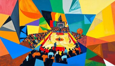 A cubist, geometric painting depicting the chaotic energy of an NBA basketball game, with overlapping shapes and planes of color representing the players and action on the court.