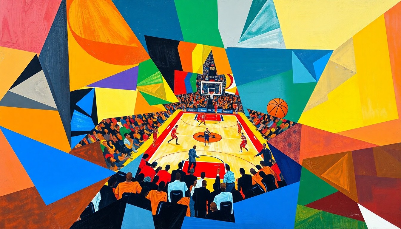 A cubist, geometric painting depicting the chaotic energy of an NBA basketball game, with overlapping shapes and planes of color representing the players and action on the court.