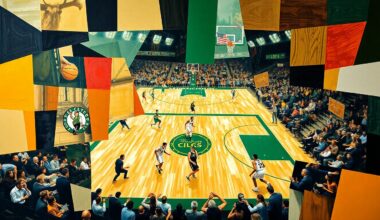 A cubist-style painting featuring overlapping geometric shapes and planes in shades of green, blue, and orange, conceptually representing the dynamic action and competing forces of a basketball game.