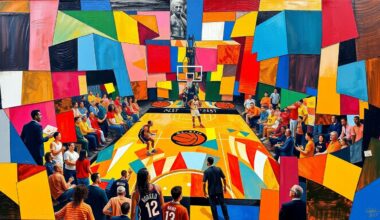 A fragmented, cubist-style painting depicting the action of a fast-paced basketball game, with the players and court broken down into sharp, overlapping geometric shapes and planes of vibrant colors.