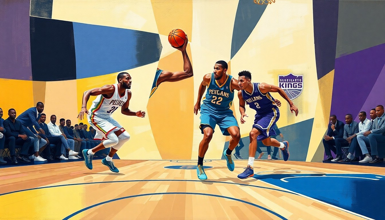 A fragmented, geometric painting depicting the dynamic movement and energy of a fast-break basketball play, with the players