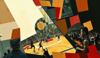 A cubist, geometric painting depicting a basketball game, with the court and players broken down into sharp, overlapping planes of color and shape, conveying the fragmented nature of the Magic
