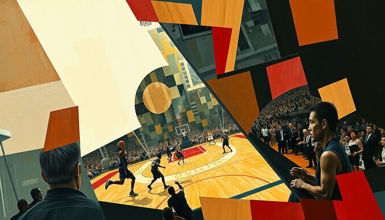 A cubist, geometric painting depicting a basketball game, with the court and players broken down into sharp, overlapping planes of color and shape, conveying the fragmented nature of the Magic