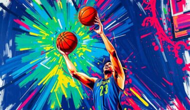 An abstract, energetic painting in neon colors depicting the dynamic motion of a basketball player shooting a 3-pointer, conceptually representing the excitement of a franchise record being broken.