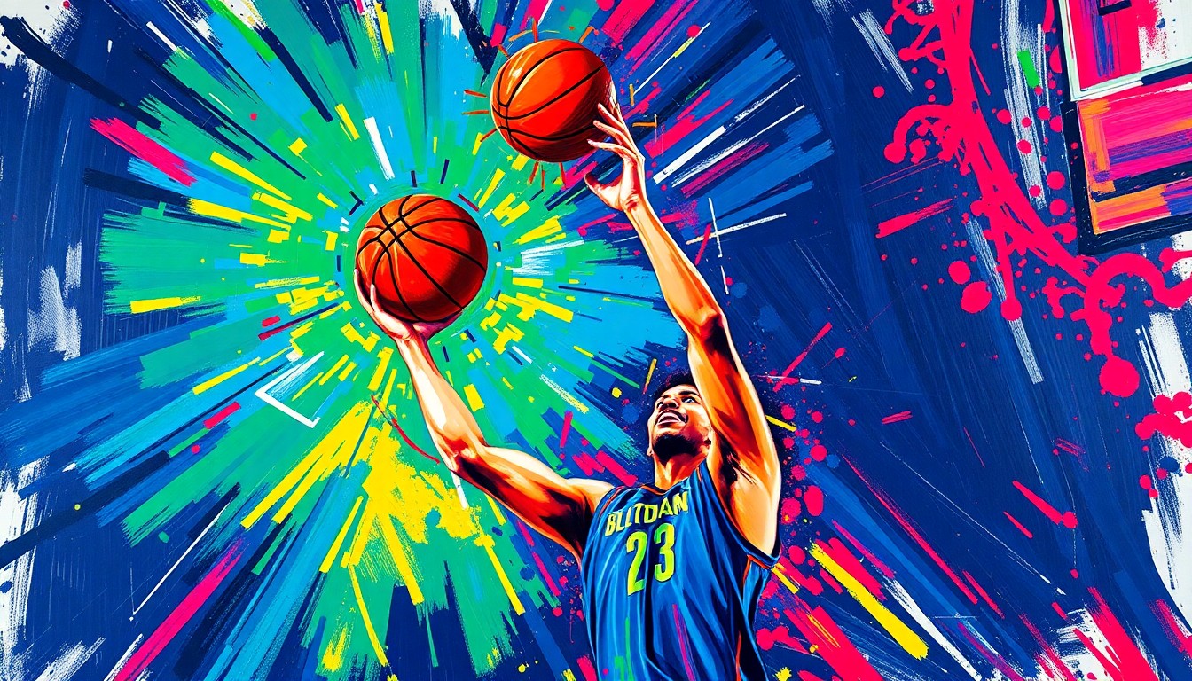 An abstract, energetic painting in neon colors depicting the dynamic motion of a basketball player shooting a 3-pointer, conceptually representing the excitement of a franchise record being broken.