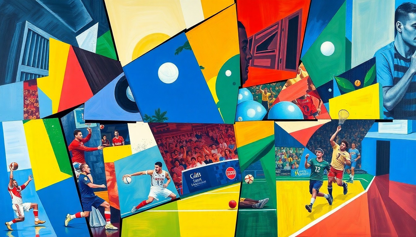A fragmented, geometric painting in bold, clashing colors that deconstructs various sports scenes into sharp, overlapping shapes, capturing the energy and unpredictability of the games.
