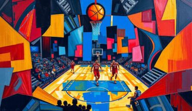 A fractured, geometric painting in bold colors depicting the energy and movement of a basketball game or competition, with no recognizable figures or logos.