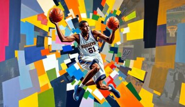 A fractured, multi-perspective painting in bold, geometric shapes and colors, capturing the explosive energy and movements of a basketball player in action, with the vibrant hues of the Nuggets and Spurs teams.