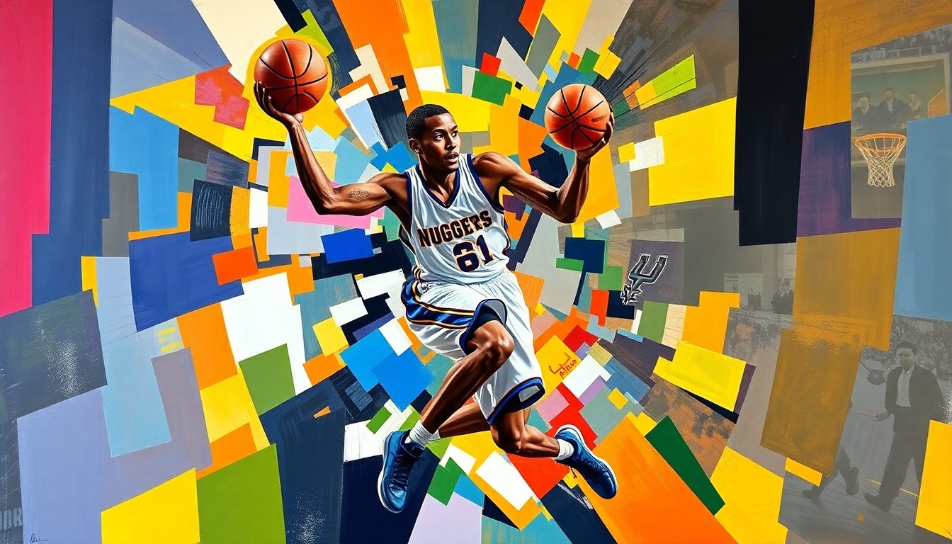A fractured, multi-perspective painting in bold, geometric shapes and colors, capturing the explosive energy and movements of a basketball player in action, with the vibrant hues of the Nuggets and Spurs teams.