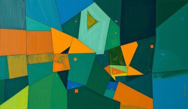 A cubist-style painting featuring overlapping geometric shapes and planes in shades of blue, green, and orange, capturing the dynamic motion and energy of a basketball game or match.