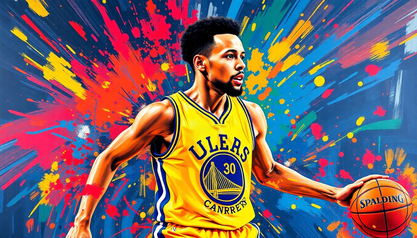 An abstract, expressionist painting depicting the dynamic movements and energy of a basketball player, with vibrant neon colors and loose, energetic brushstrokes that obscure any identifiable features.