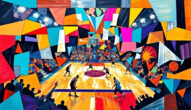 A fractured, cubist-style painting depicting the energy and movement of a basketball game, with players and the court deconstructed into overlapping geometric shapes and planes in a vibrant, abstract composition.