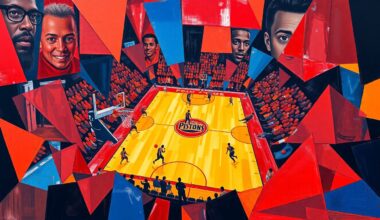 A cubist, geometric painting depicting a Pistons basketball game, with sharp, overlapping planes of red, blue, and yellow representing the dynamic action on the court.