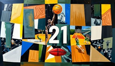 A fragmented, cubist-style painting featuring the number 21 prominently as the central visual element, surrounded by sharp, overlapping geometric shapes and planes that abstractly represent a basketball game or match.