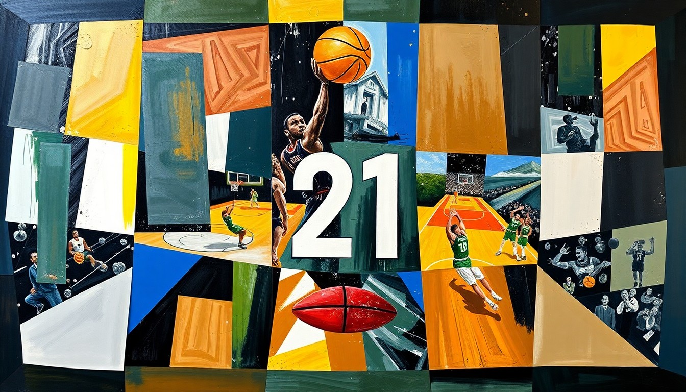 A fragmented, cubist-style painting featuring the number 21 prominently as the central visual element, surrounded by sharp, overlapping geometric shapes and planes that abstractly represent a basketball game or match.