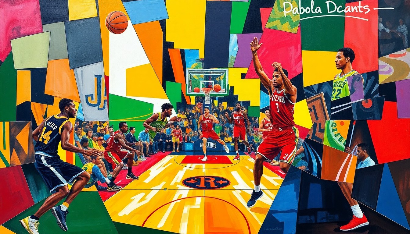 A fragmented, geometric painting depicting a basketball game between the Utah Jazz and Houston Rockets, with players